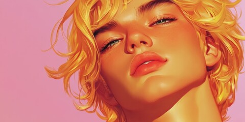 Digital art portrait of a person with wavy blonde hair and light eyes, against a soft pink background. Ideal for art blogs, beauty websites, and social media profiles.