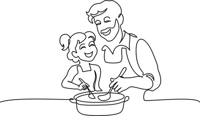 Happy Fathers Day holiday card. Dad and daughter cook together.