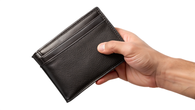 Empty black wallet in male hands isolated on transparent background.PNG