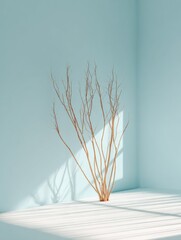 Minimalist interior scene featuring a tall, dry branch against a soft blue wall, casting delicate shadows on the floor, creating a serene and tranquil atmosphere in the space