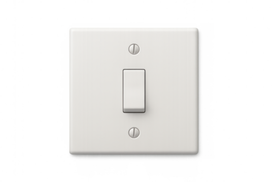 Single white light switch on a transparent background, representing electricity control and energy saving