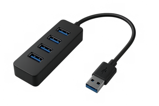 Usb hub providing expanded connectivity, sporting compact black design with transparent casing for versatile workspace and device expansion