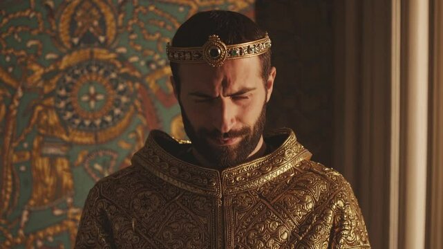 Roi en habit d&rsquo;apparat regardant vers le sol, sc&egrave;ne de drame royal dans un palais ancien

