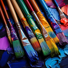 Fototapeta premium Close-up Shot of Multiple Paintbrushes Dipped in Vibrant Paints