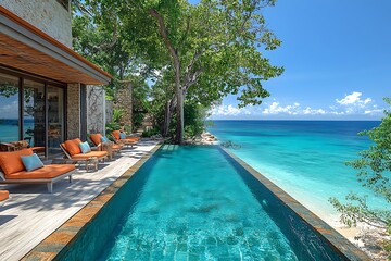 Obraz premium Luxury villa with infinity pool overlooking a pristine turquoise ocean and blue sky on sunny day.