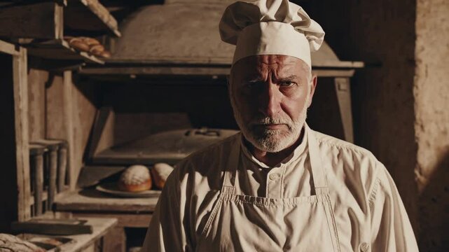 Vieux boulanger debout devant un four &agrave; pain traditionnel, ambiance artisanale et historique

