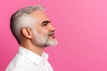Fototapeta premium Chic men's side part haircut - midlife middle eastern man with middle hair. Pink solid background. A trendy and poised male showing charm. Idea of style for aging men.
