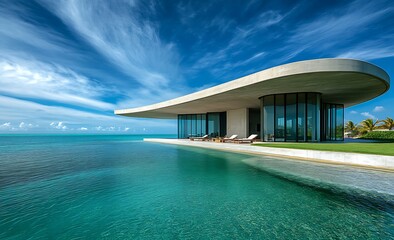 Fototapeta premium Modern house with infinity pool view and blue sky with light white clouds