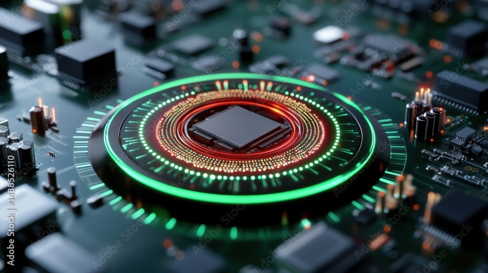 Poster close view of a microchip on a complex circuit board illuminated with green and orange light. this s