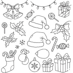 A black and white drawing of Christmas items, including bells, lights, candies, Santa hats, lollipops, holly, snowflakes, candy canes, a stocking, mittens, an ornament, and gifts.