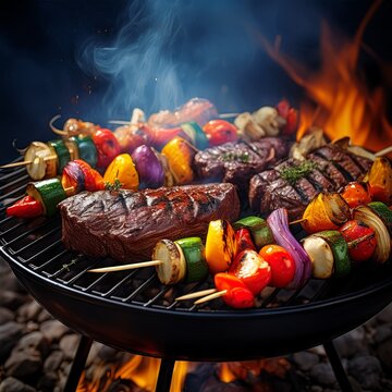 Gem&uuml;sespie&szlig;e und Steaks auf dem Grill