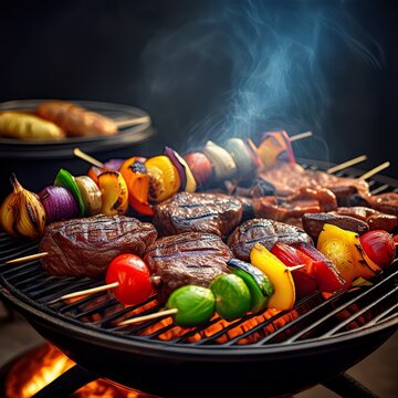 Gem&uuml;sespie&szlig;e und Steaks auf dem Grill