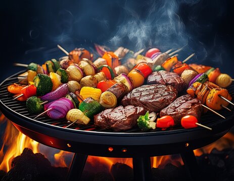 Gem&uuml;sespie&szlig;e und Steaks auf dem Grill
