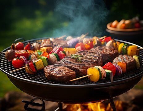 Gem&uuml;sespie&szlig;e und Steaks auf dem Grill
