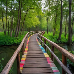 Colorful Wooden Bridge Pathway Through Trees  