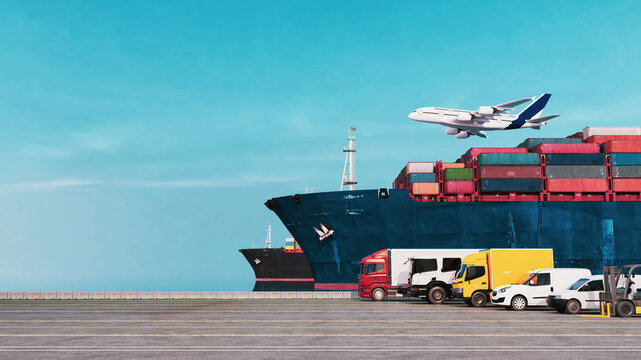 Global cargo delivery with container ship airplane and transport vehicles..