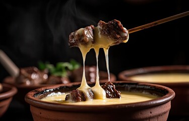 Melting Cheese Fondue with Meat.