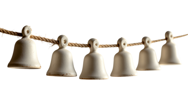 Decorative ceramic bells hanging on rope