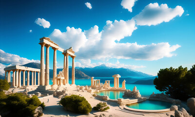 Surreal landscape ancient greece analog style. Generative AI	
