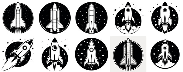 A collection of stylized rocket ship vector silhouettes on a  white background