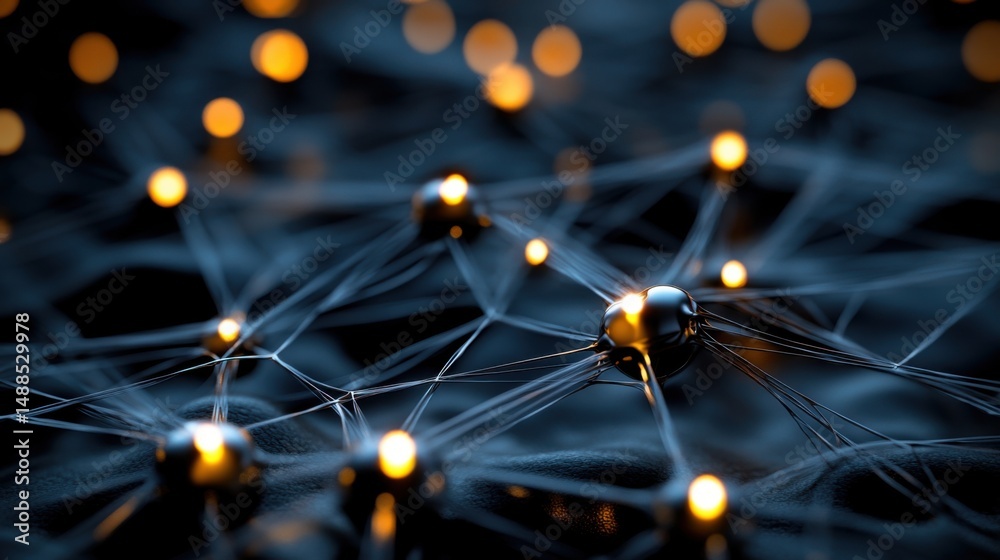 Poster a complex arrangement of metallic nodes connected by fine threads creates a captivating network. glo