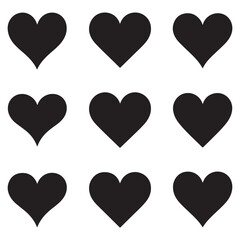 Black and white heart shapes in various designs, perfect for romantic, love, or decorative-themed illustrations.