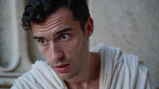 Jeune homme v&ecirc;tu &agrave; l&rsquo;antique avec expression inqui&egrave;te dans un d&eacute;cor classique, sc&egrave;ne dramatique historique

