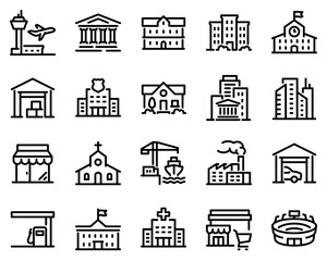 Simple Set of Buildings Related Vector Line Icons. Contains such Icons as Church, Sport Stadium, Medical Hospital and more black