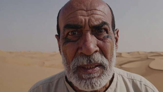 Portrait intense d&rsquo;un homme dans le d&eacute;sert, expression dramatique en gros plan sur fond de dunes

