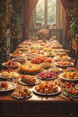 A large welcoming table with lots of delicious food for guests.