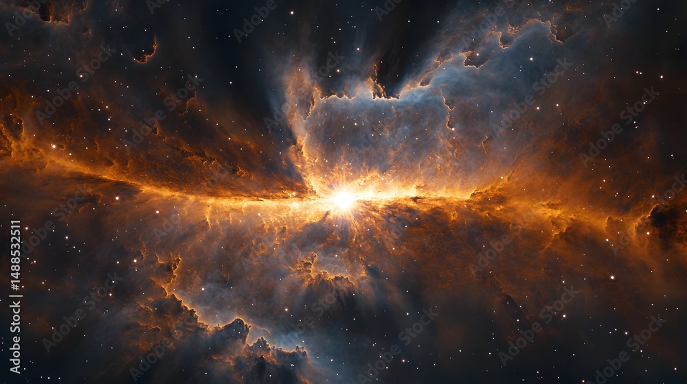 Poster a vibrant nebula explodes with color, showcasing interstellar gas and dust sculpted by a radiant cen
