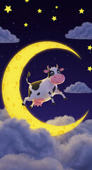 Whimsical cow jumping over the moon in a starry night sky