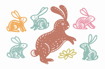 Cute Easter Bunnies Illustration Set: Pastel Colored Rabbits