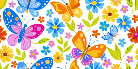 Obraz premium Colorful Butterfly and Flower Seamless Pattern