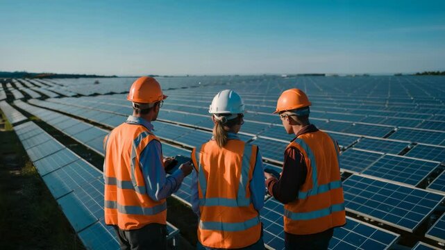 Team of engineers inspecting solar panels, three professionals in safety gear discussing renewable energy project outdoors.