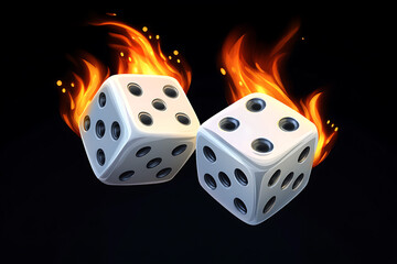 Two white dice rolling with flames in the background, symbolizing risk and excitement in gaming