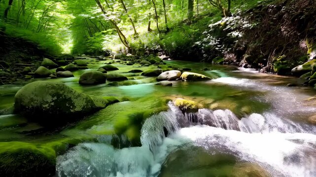 Scenic river flowing through a lush green forest landscape with mossy rocks and a small cascade, creating a refreshing and peaceful ambiance.