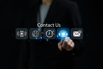 AI Contact us or Customer support hotline concept, Businesswoman touching on virtual screen AI contact icons, Chatbot, live chat, telephone, Email, Customer service, Helpdesk advice online, Technology