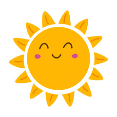 Funny sun with a happy face and blush cheeks. Icon or sticker. Sunny day. Design for kids' themes and positive graphics.