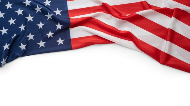 an American flag draped across the top portion of the frame against a pure white background, american flag, fourth of july