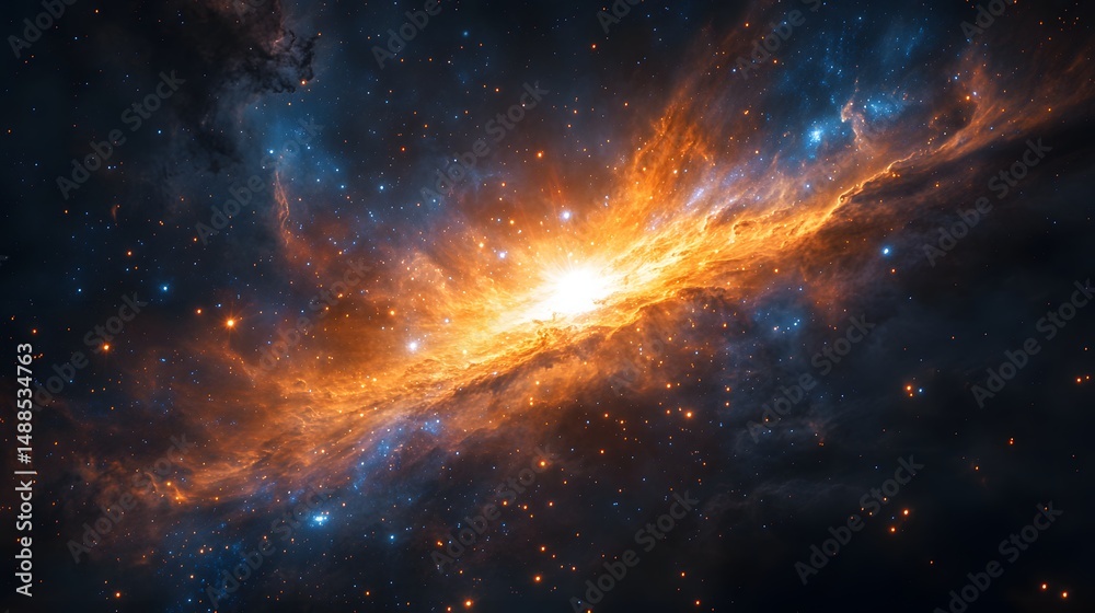 Poster A radiant nebula explodes with color. Swirling gases and starlight create a stunning cosmic display of celestial wonder. Ideal for science and space related projects. Astronomy and Galaxy backgrounds