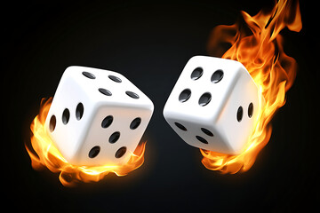 Two white dice surrounded by flames, symbolizing risk and chance in a dramatic setting