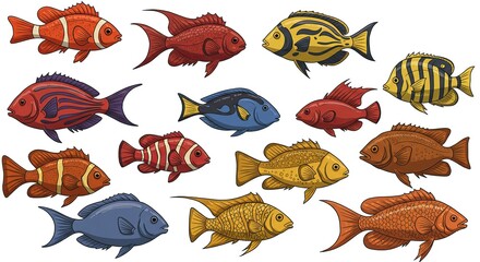Colorful Tropical Fish Collection – Vector Illustration on White Background