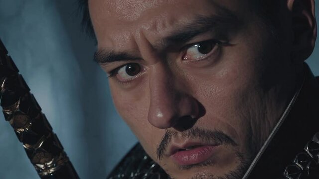 Guerrier concentr&eacute; avec un sabre, regard intense en gros plan, ambiance dramatique et cin&eacute;matographique

