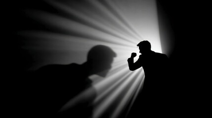 A person appears to be boxing with their own shadow, illuminated by dramatic rays of light in a dark environment.