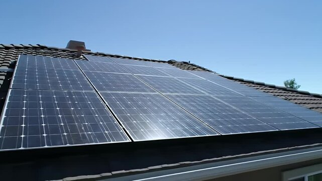 Solar panels installed on a roof, green energy concept.