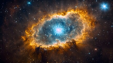 Obraz premium A stunning nebula shines with orange, blue, and pink hues, revealing star formation within its ringed structure. Stars are scattered across the cosmic scene. Astronomy and Galaxy backgrounds.