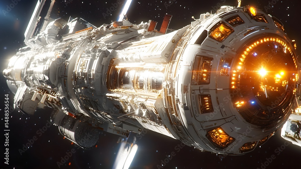 Poster a highly detailed, technologically advanced spaceship hurtles through deep space, its white hull ill