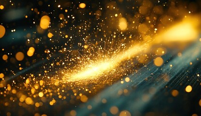 Golden sparks explode on dark metal surface