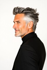 Pure white solid background. A glowing man radiating happiness and confidence. Chic men's layered cut haircut - midlife arabian man with short hair. Visual idea of style for aging men.
